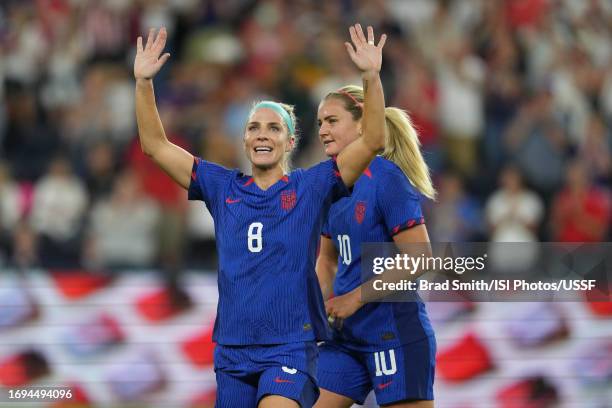 Julie Ertz of the United States waves as she is subbed out during the first half against South Africa at TQL Stadium on September 21, 2023 in...