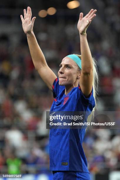 Julie Ertz of the United States waves as she is subbed out during the first half against South Africa at TQL Stadium on September 21, 2023 in...