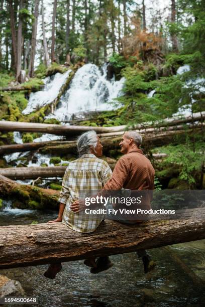 active senior couple enjoying time together in nature - hawaiian waterfalls 個照片及圖片檔