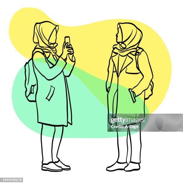 woman wearing hijab sketch yellow green - middle eastern student stock illustrations