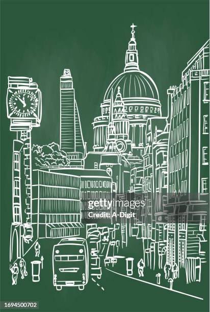 downtown london st paul's cathedral chalkboard - through bus window stock illustrations
