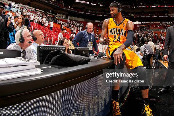 Paul George of the Indiana Pacers is interviewed following his team's victory against the Miami Heat in Game Two of the Eastern Conference Finals...