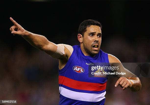 Brett Goodes of the Bulldogs gestures during the round nine AFL match between the St Kilda Saints and the Western Bulldogs at Etihad Stadium on May...