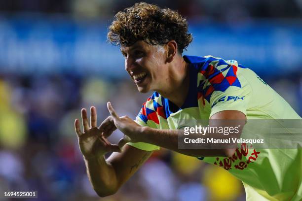 Igor Lichnovsky of America celebrates after scoring the team's second goal during the 2nd round match between Queretaro and America as part of the...