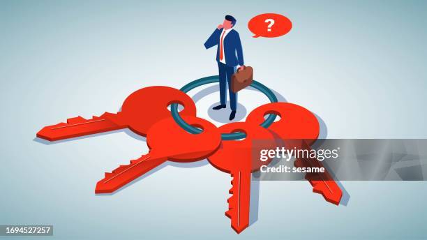 choosing the right answer, successful decision or decision-making, the right solution to a problem or answer, isometric businessman standing in a pile of keys to choosing. - key findings stock illustrations