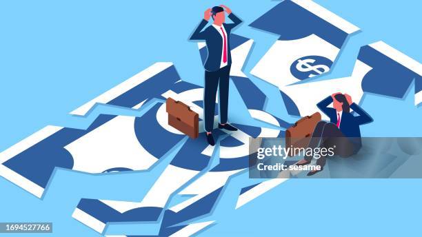 loss of money, bankruptcy, investment losses, debt or loan problems, failed business, isometric businessmen and businesswomen in despair and agony over broken bills - abandoned stock illustrations
