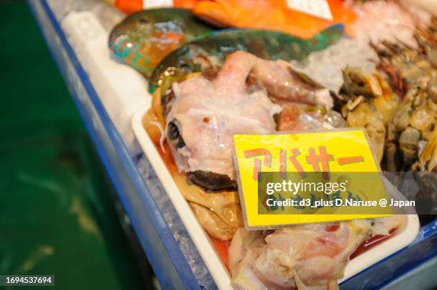 fresh seafood at the interesting tropical market, makishi public market.

ama beach, zamami island, zamami vil., shimajiri, okinawa, japan.
photo taken november 25, 2022. - 沖縄県 stock pictures, royalty-free photos & images