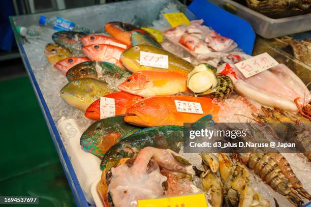 fresh seafood at the interesting tropical market, makishi public market.

ama beach, zamami island, zamami vil., shimajiri, okinawa, japan.
photo taken november 25, 2022. - 那覇市 個照片及圖片檔