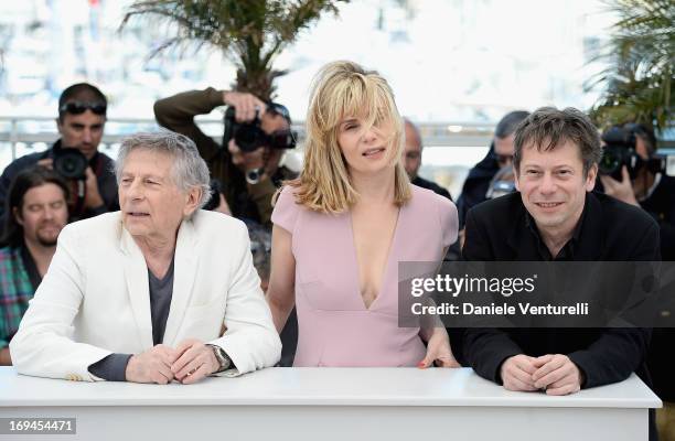 Director Roman Polanski and actors Emmanuelle Seigner and Mathieu Amalric attend the photocall for 'La Venus A La Fourrure' at The 66th Annual Cannes...