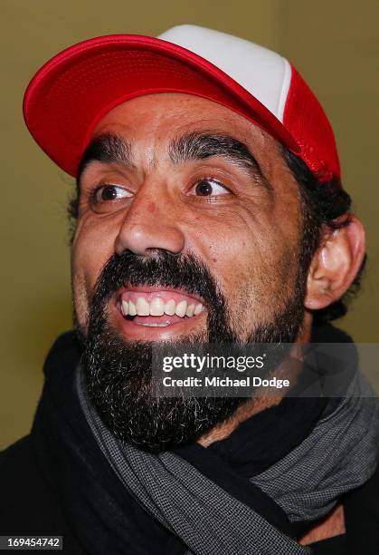 Adam Goodes of the Swans reacts in the Bulldogs change rooms after the round nine AFL match between the St Kilda Saints and the Western Bulldogs at...