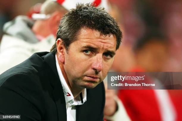 Dragons coach, Steve Price looks on from the bench during the round 11 NRL match between the St George Ilawarra Dragons and the Penrith Panthers at...