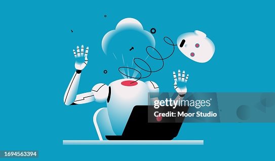 Robot exploding during working at computer illustration Robot exploding during working at computer illustration