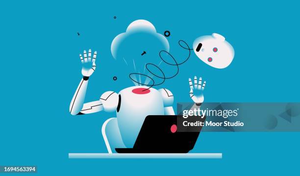 robot exploding during working at computer illustration - computer virus cartoon stock illustrations
