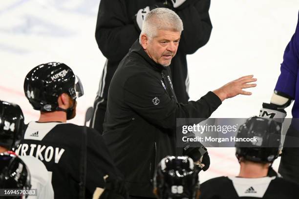 Kings Head Coach, Todd McLellan speaks to players during an NHL Global Series Practice Session at Rod Laver Arena on September 22, 2023 in Melbourne,...