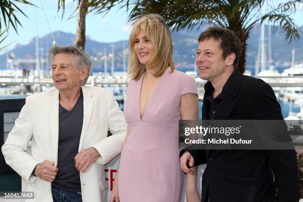 Roman Polanski, Emmanuelle Seigner and Matthieu Amalric attend the 'La Venus A La Fourrure' Photocall during the 66th Annual Cannes Film Festival on...