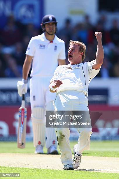 Neil Wagner of New Zealand celebrates taking ther wicket of Jonathan Trott during day two of the 2nd Investec Test match between England and New...