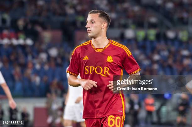 Riccardo Pagano of AS Roma in action during the Serie A TIM match between AS Roma and Empoli FC at Stadio Olimpico on September 17, 2023 in Rome,...