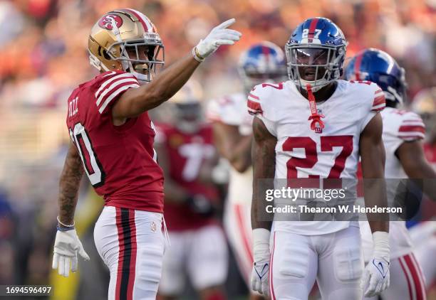 Ronnie Bell of the San Francisco 49ers signals a first down against the New York Giants during the second quarter in the game at Levi's Stadium on...