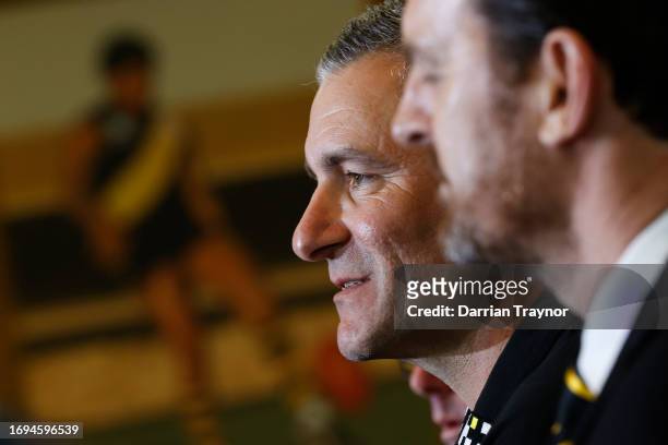 Adem Yze speaks to the media during a Richmond Tigers AFL press conference at Punt Road Oval on September 22, 2023 in Melbourne, Australia.