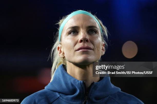 Julie Ertz of the United States watches a tribute video after playing South Africa at TQL Stadium on September 21, 2023 in Cincinnati, Ohio.