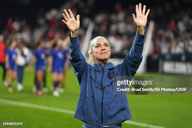 Julie Ertz of the United States waves to fans after playing South Africa at TQL Stadium on September 21, 2023 in Cincinnati, Ohio.