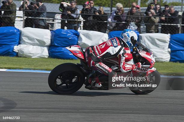 Carlos Checa of Spain and Team Ducati Alstare heads down a straight during the World Superbikes - Qualifying during the round five of 2013 Superbikes...