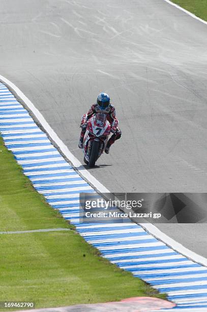 Carlos Checa of Spain and Team Ducati Alstare heads down a straight during the World Superbikes - Qualifying during the round five of 2013 Superbikes...