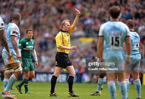 Referee Wayne Barnes shows the red card to Dylan Hartley of Northampton during the Aviva Premiership Final between Leicester Tigers and Northampton...