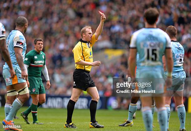 Referee Wayne Barnes shows the red card to Dylan Hartley of Northampton during the Aviva Premiership Final between Leicester Tigers and Northampton...