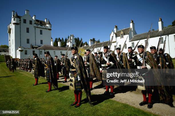 Soldiers from The Atholl Highlanders take part in the annual parade of Europe’s last remaining private army on May 25, 2013 in Blair Atholl,...