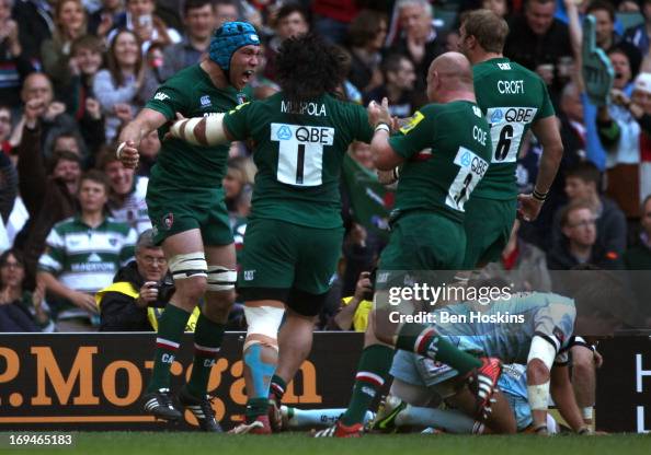Graham Kitchener Graham Kitchener of Leicester celebrates with teammates after scoring ...