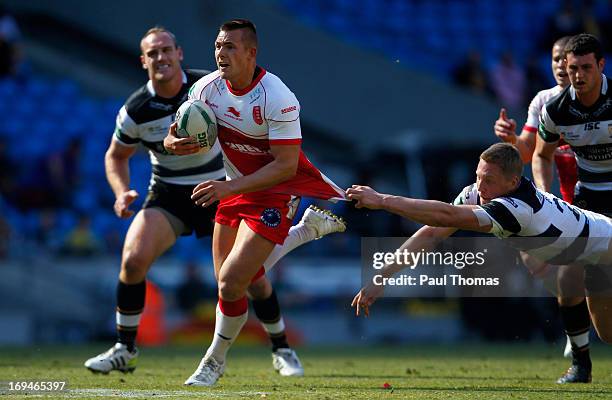 Greg Eden of Hull KR runs into score a try during the Super League Magic Weekend match between Hull FC and Hull Kingston Rovers at the Etihad Stadium...