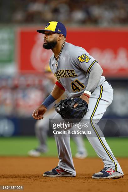 First baseman Carlos Santana of the Milwaukee Brewers in action against the New York Yankees during a game at Yankee Stadium on September 8, 2023 in...
