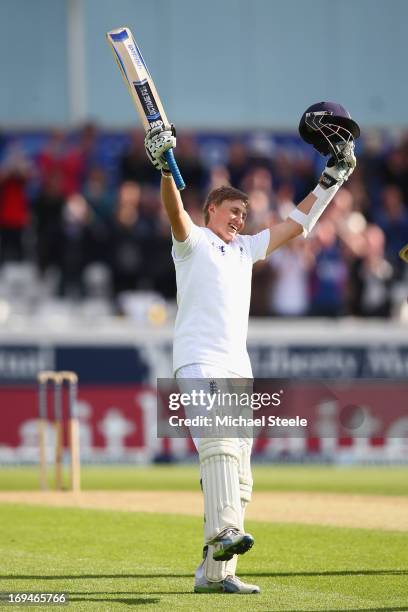 Joe Root of England celebrates reaching his century during day two of the 2nd Investec Test match between England and New Zealand at Headingley on...