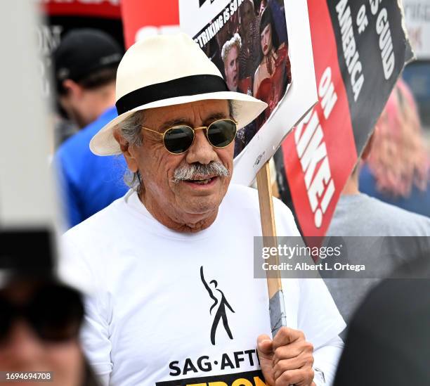 Edward James Olmos attends the "Battlestar Galactica" themed picket during the SAG-AFTRA and WGA Strike held at NBCUniversal on September 21, 2023 in...