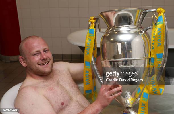 Dan Cole of Leicester poses with trophy following his team's 37-17 during the Aviva Premiership Final between Leicester Tigers and Northampton Saints...