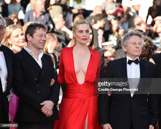 Actors Mathieu Amalric, Emmanuelle Seigner and director Roman Polanski attend the 'La Venus A La Fourrure' premiere during The 66th Annual Cannes...