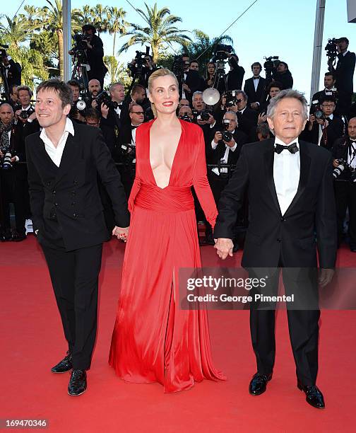 Actors Mathieu Amalric, Emmanuelle Seigner and director Roman Polanski attends the Premiere of 'La Venus A La Fourrure' at The 66th Annual Cannes...