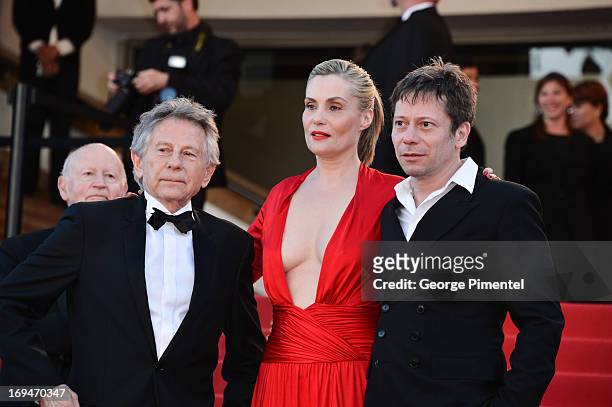 Actors Mathieu Amalric, Emmanuelle Seigner and director Roman Polanski attend the 'La Venus A La Fourrure' premiere during The 66th Annual Cannes...