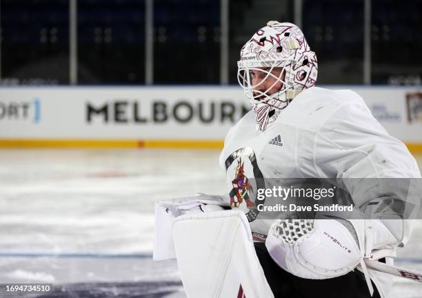 Goaltender Connor Ingram of the Arizona Coyotes looks on during practice before the NHL Global Series Melbourne games between the Arizona Coyotes and...