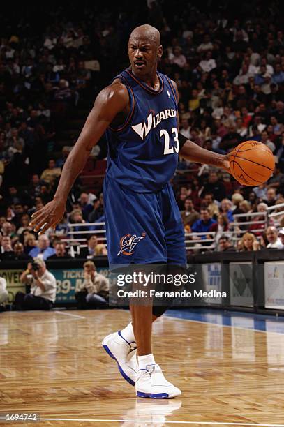 Michael Jordan of the Washington Wizards controls the ball during the NBA game against the Orlando Magic at TD Waterhouse Centre on December 6, 2002...