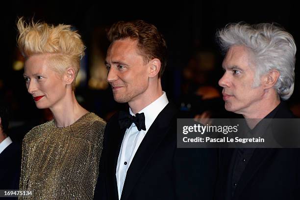Actors Tilda Swinton, Tom Hiddleston and director Jim Jarmusch attend the 'Only Lovers Left Alive' premiere during The 66th Annual Cannes Film...