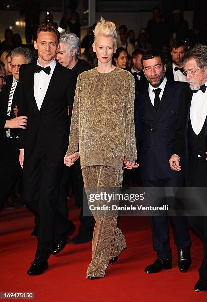 Actors Tom Hiddleston, Tilda Swinton, Slimane Dazi and John Hurt attend the Premiere of 'Only Lovers Left Alive' during the 66th Annual Cannes Film...