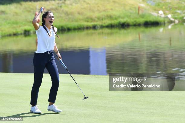 Francesca Fiorellini of team Europe celebrates a point during the Day Three of the 2023 Junior Ryder Cup at Marco Simone Golf Club on September 28,...