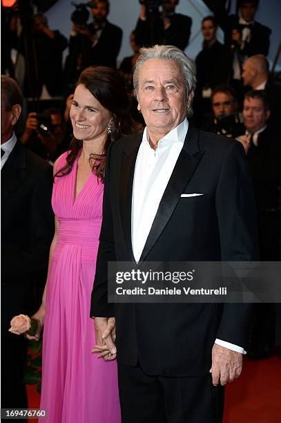 Aurelie Filippetti and actor Alain Delon attend the Premiere of 'Only Lovers Left Alive' during the 66th Annual Cannes Film Festival at the Palais...