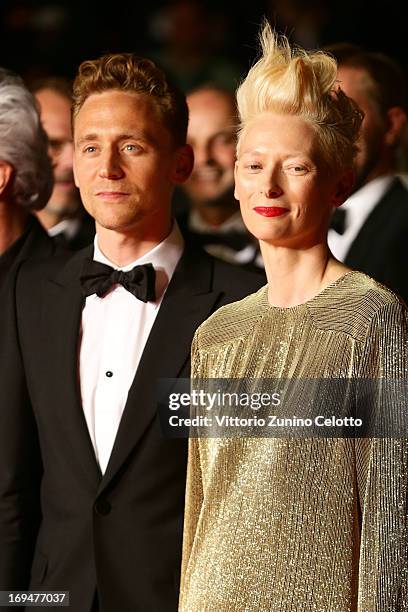 Actors Tom Hiddleston and Tilda Swinton attend the 'Only Lovers Left Alive' premiere during The 66th Annual Cannes Film Festival at the Palais des...