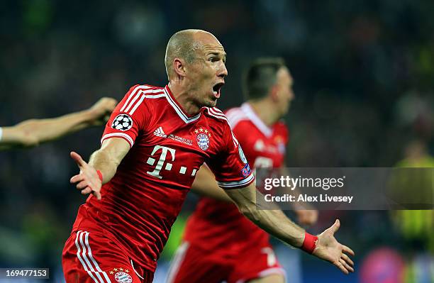 Arjen Robben of Bayern Muenchen celebrates after scoring a goal during the UEFA Champions League final match between Borussia Dortmund and FC Bayern...