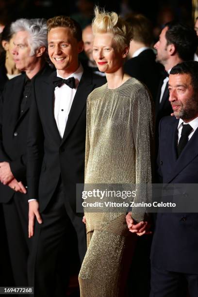 Director Jim Jarmusch, actors Tom Hiddleston and Tilda Swinton attend the 'Only Lovers Left Alive' premiere during The 66th Annual Cannes Film...