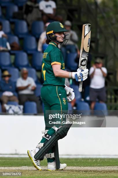 Laura Wolvaardt, captain of South Africa celebrates fifty runs during the ICC Women's Championship, 2nd ODI match between South Africa and New...