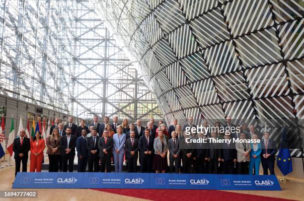 And Latin America Ministers for home affairs pose for a group photo during an EU CLASI ministers meeting in the Europa building, the EU Council...